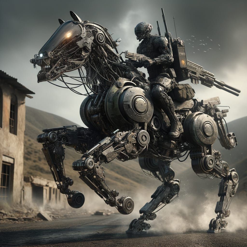 Dystopian Knight on Robotic Steed in Cyberpunk Style