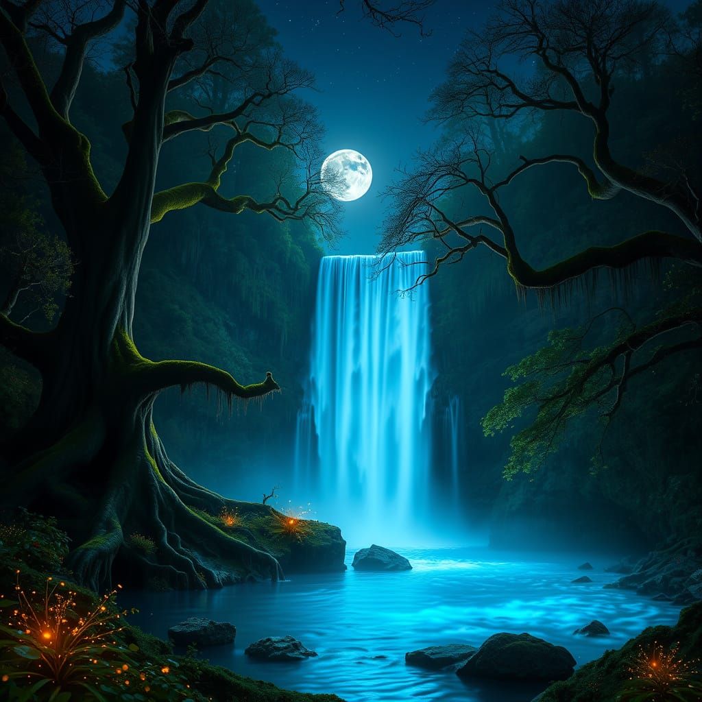 Ethereal Waterfall in Enchanted Forest with Blue Light
