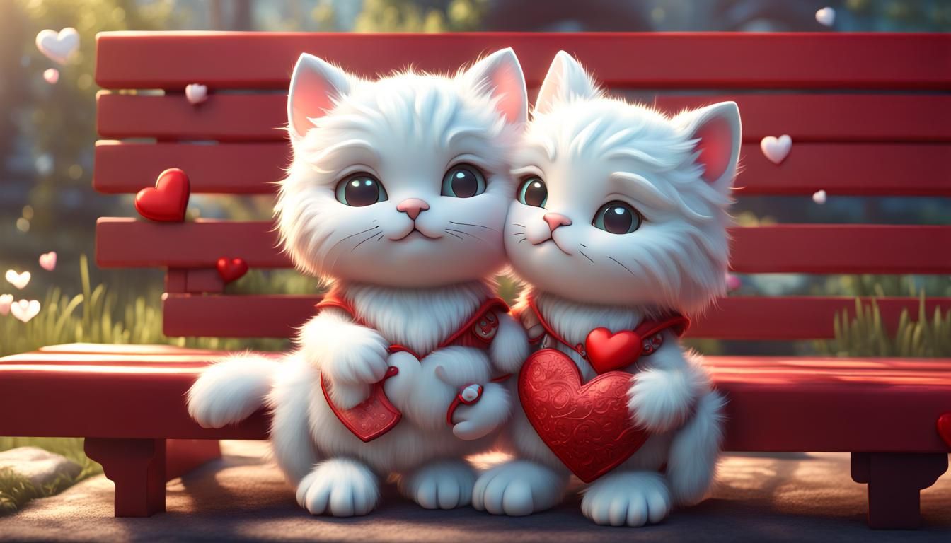 two fluffy white baby chibi cats hearts valentine pajamas costume spring day,red bench ethereal fantasy hyperdetailed mi...