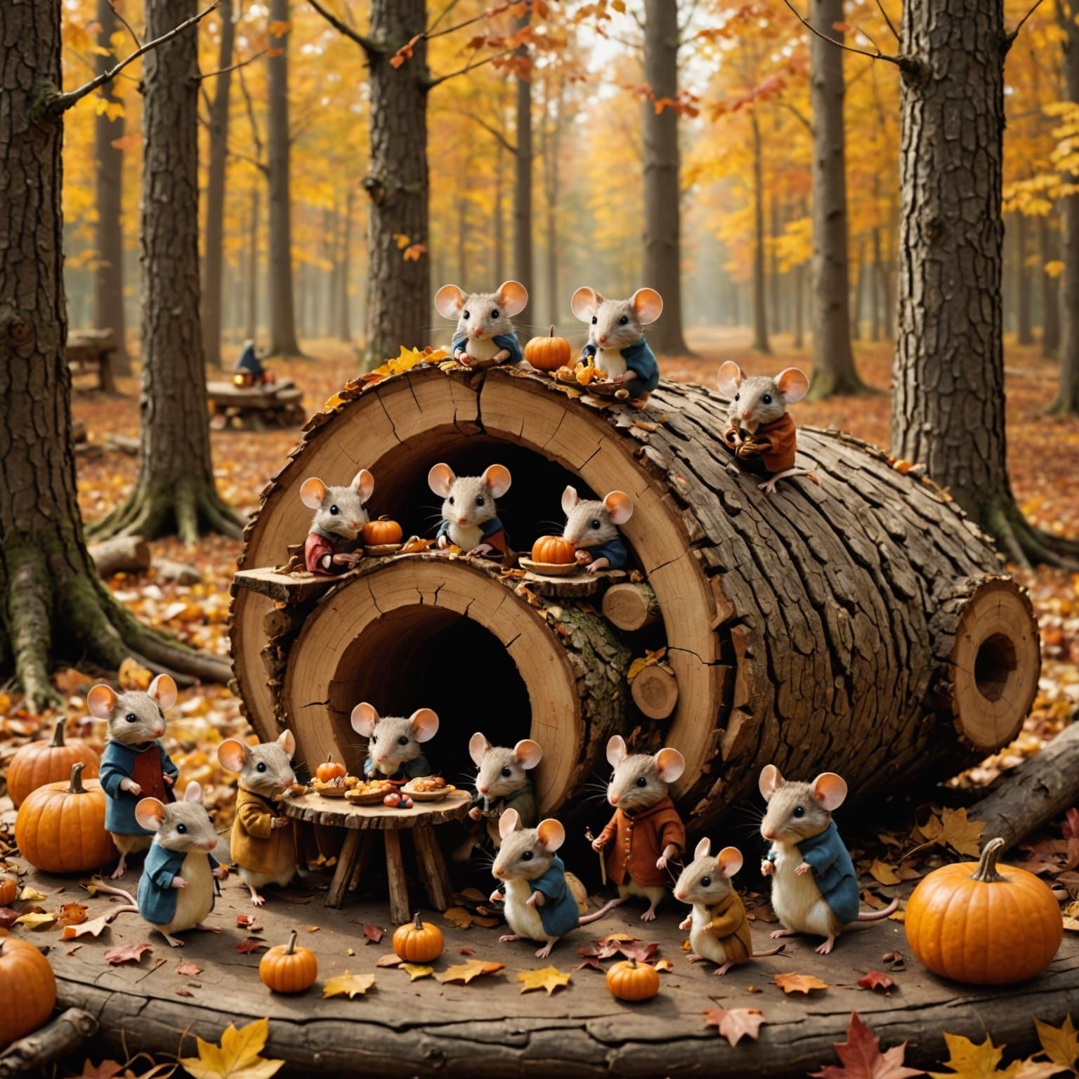 Anthropomorphic Mice Family Thanksgiving Dinner in Autumn Fo...