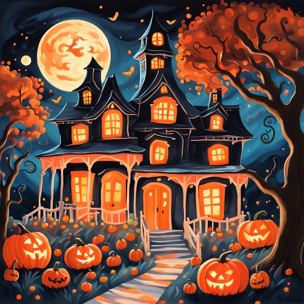 Whimsical Haunted House with Jack O'Lanterns in Gouache