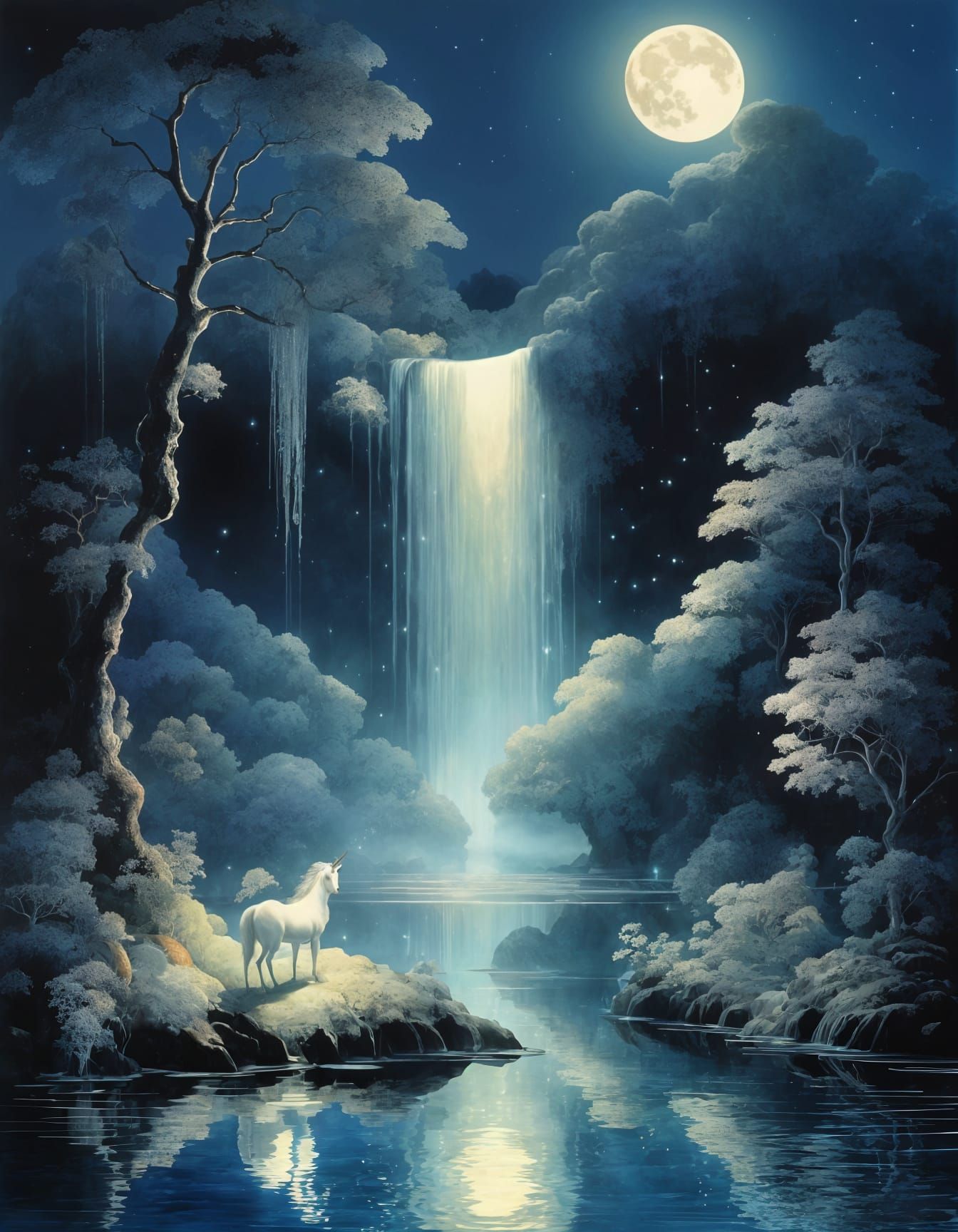 Surreal Starlight Waterfall with Glowing Unicorn