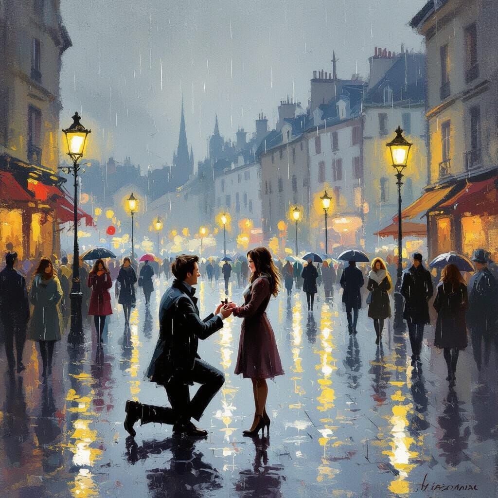 Rainy Day Proposal in Bustling Town Square Painting