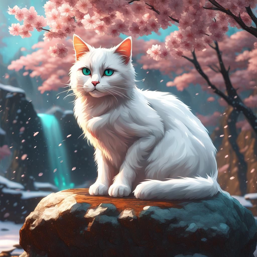 Cat and Cherry Blossoms in Winter Snow