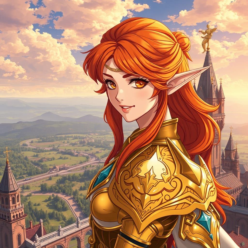 Orange-Haired Elf Warrior in Golden Armor