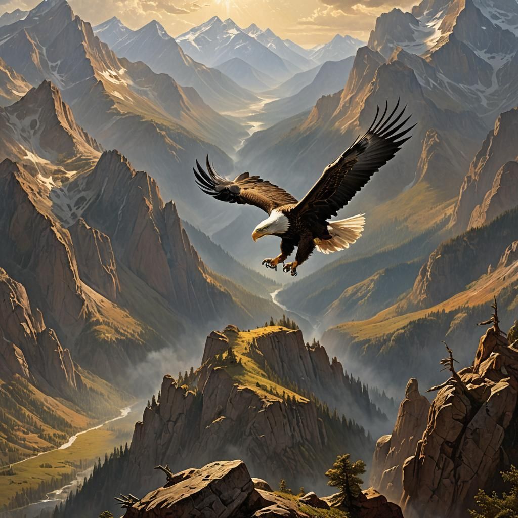 Eagle Soaring Over Mountains in Bierstadt Style