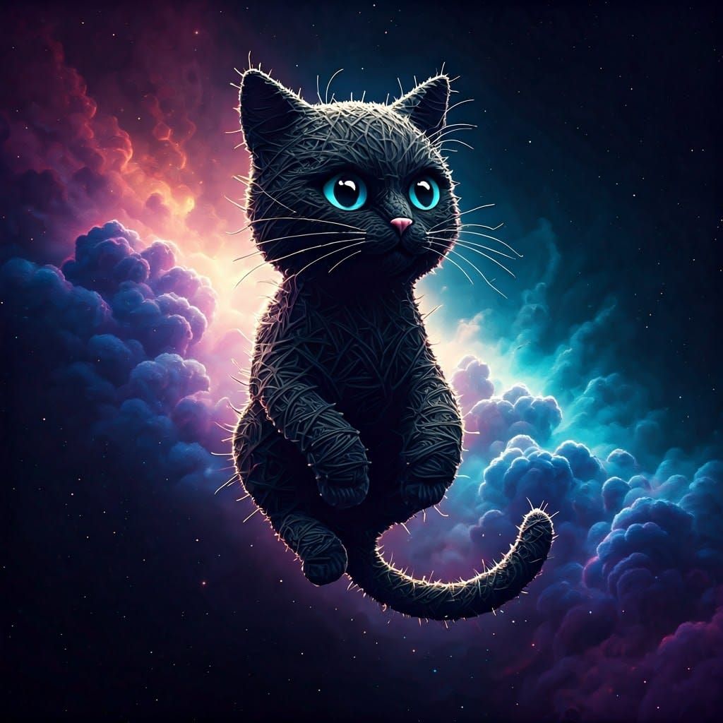 Yarn Black Cat Floating in Deep Space