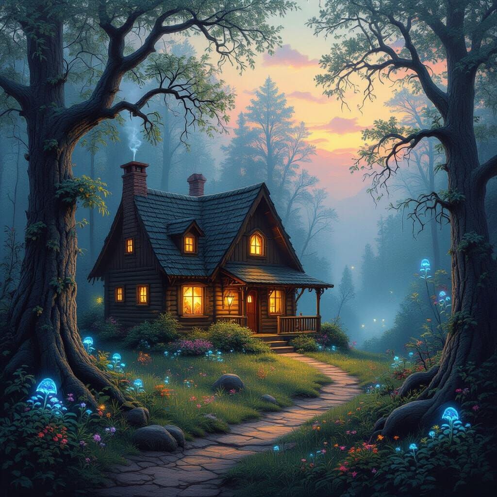 Enchanting Cabin in Surreal Bioluminescent Forest