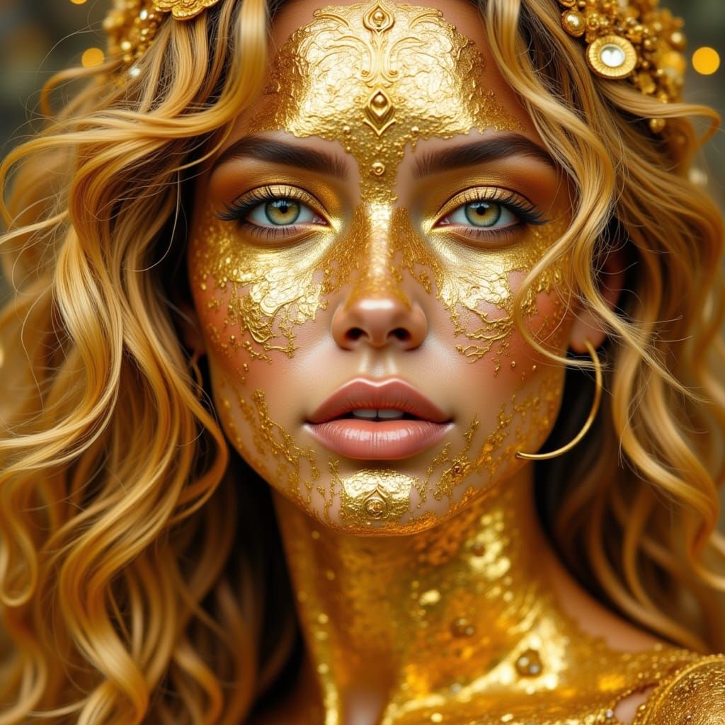 Golden Woman with Jewels and Iridescent Hair