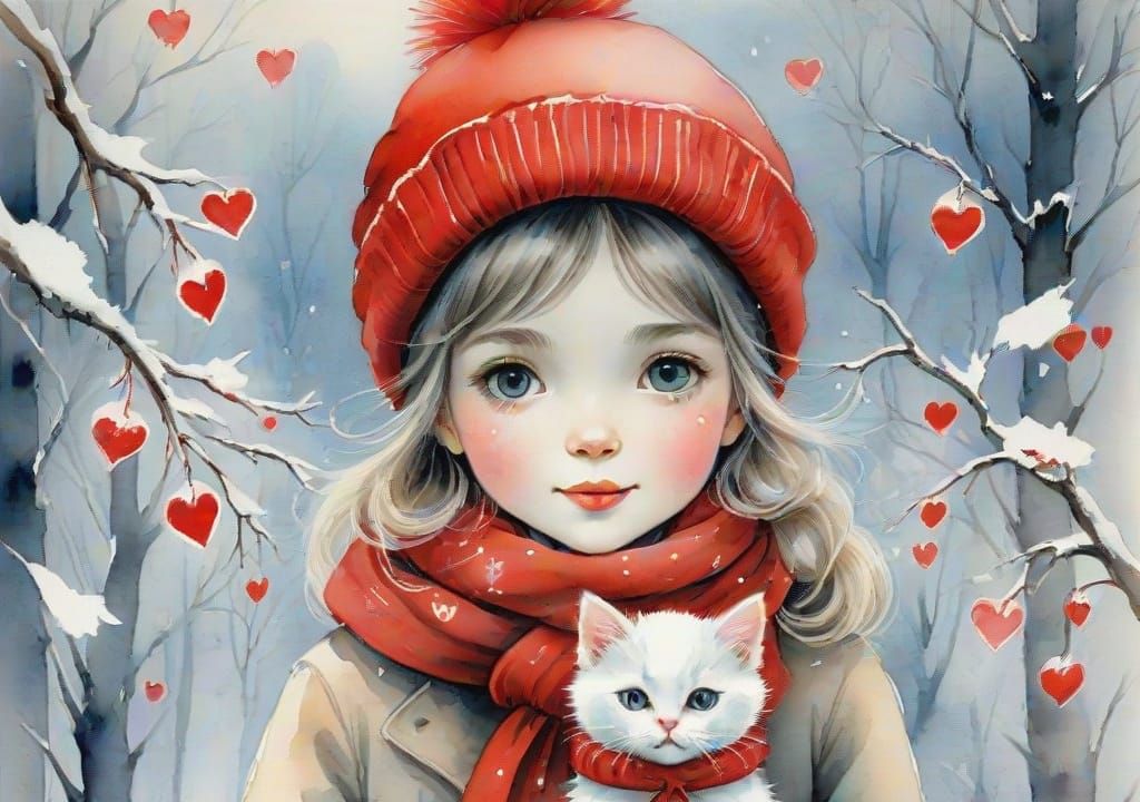 Charming Winter Scene with Girl and Kitten in Valentine's St...