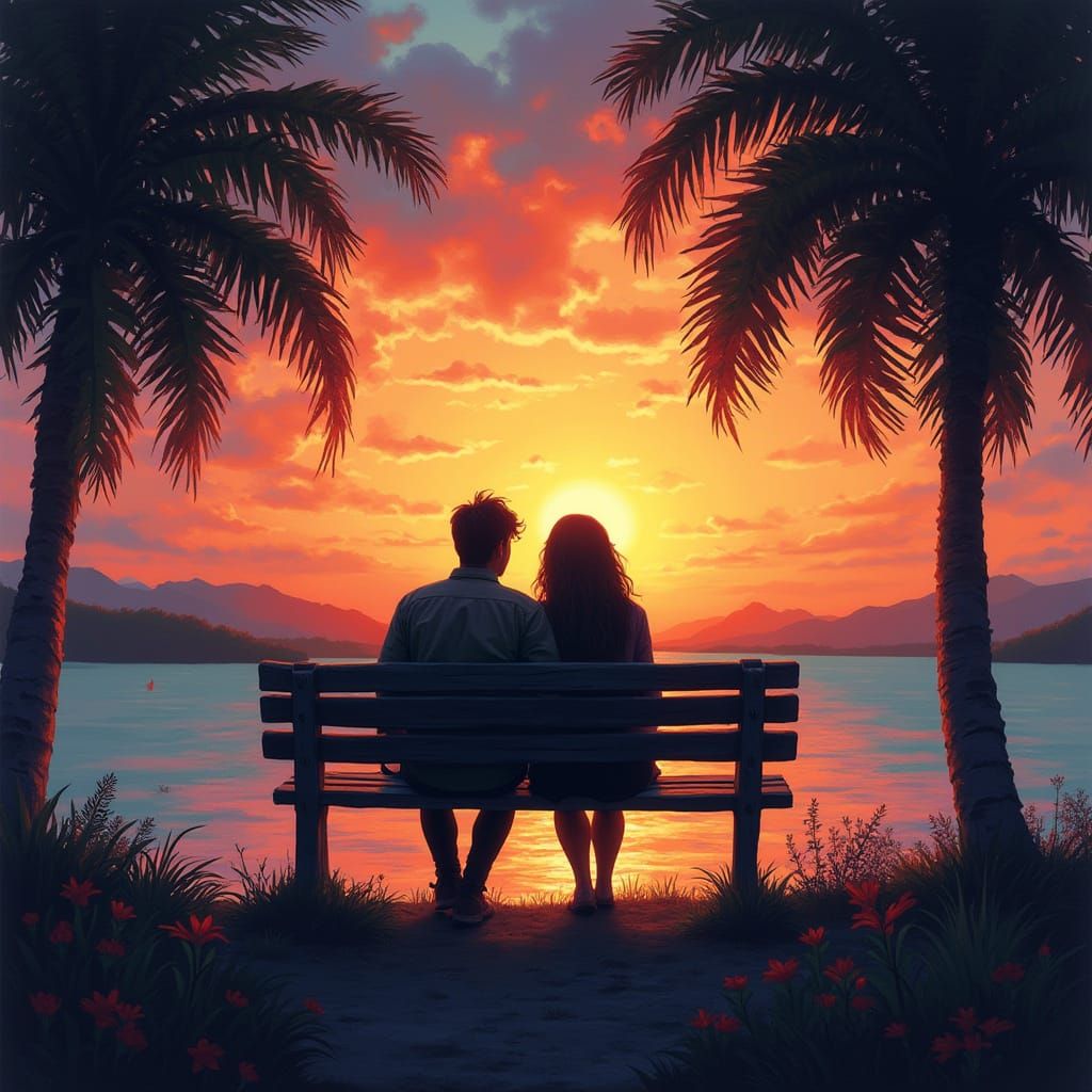 Lovers Silhouetted on Bench, Colorful World Ahead