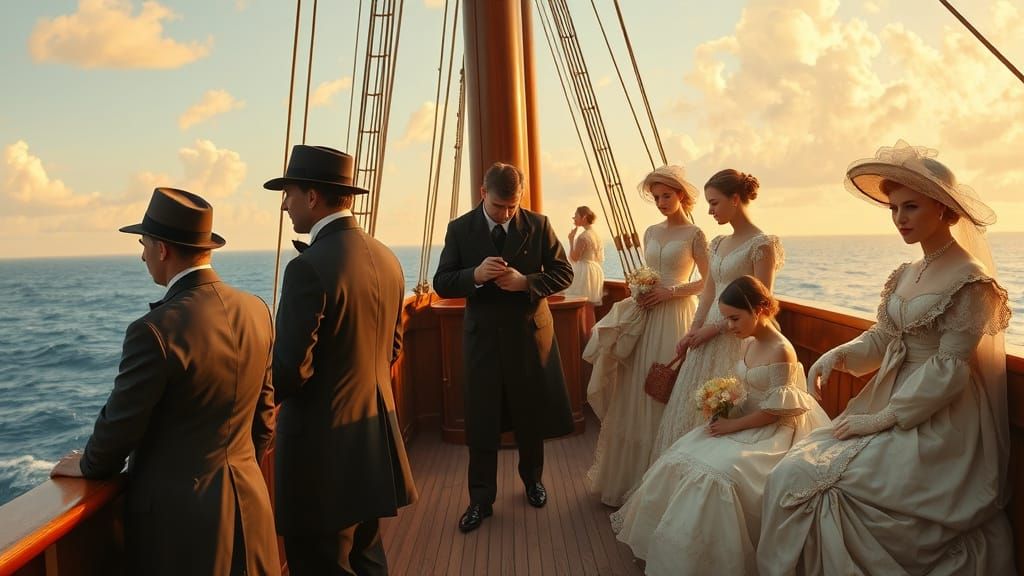 Elegant Voyage on a Golden Lit Sailing Ship