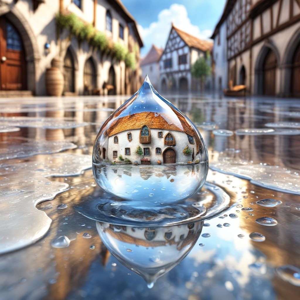 Hyper-Realistic Raindrop on Stone Street with Taverns