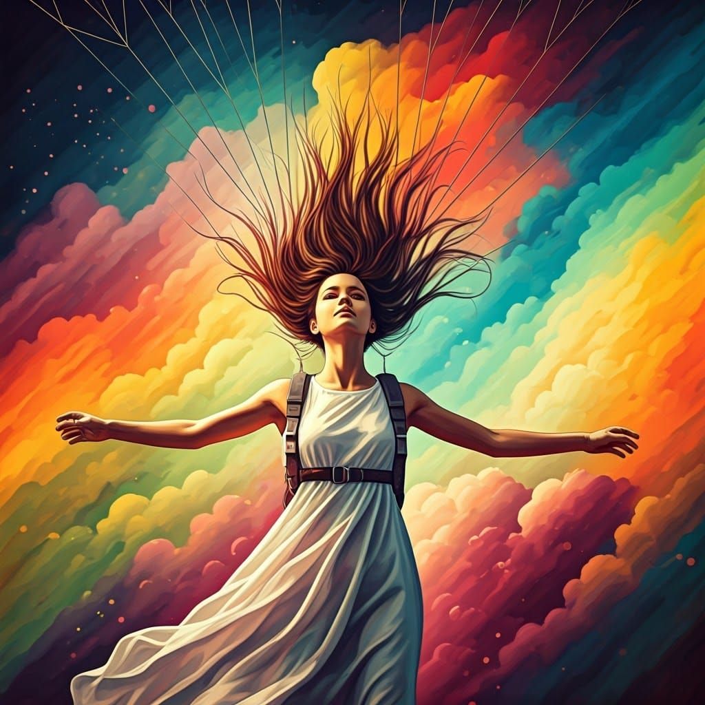 Parachutist in Rainbow Clouds, Graffiti Art Style