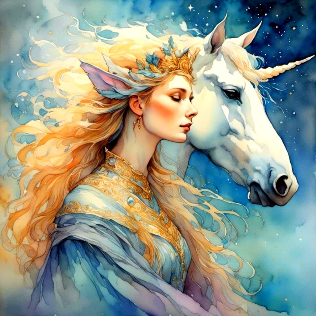 Elf and Unicorn in Romantic Watercolor Style