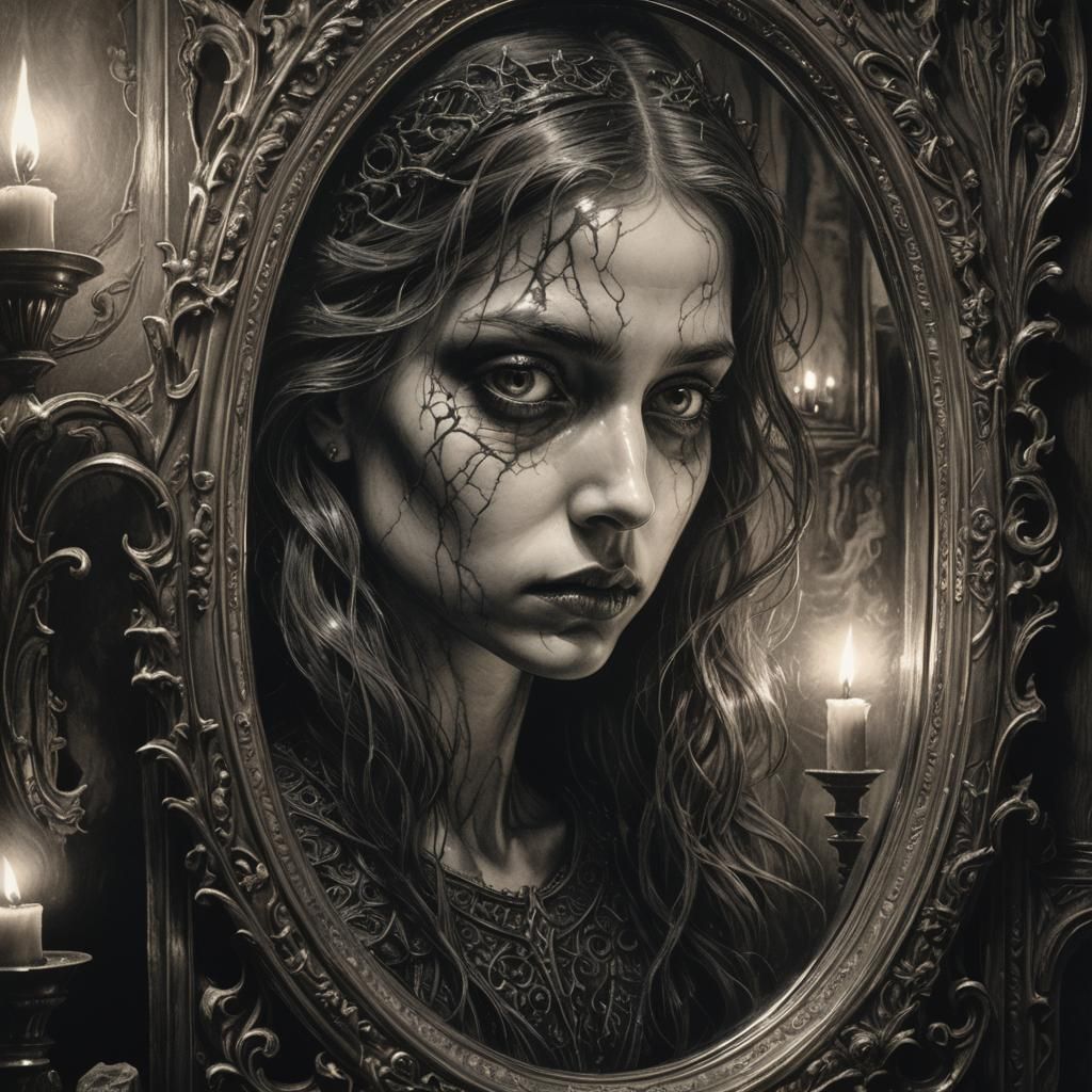 Terrified Girl and the Cursed Mirror: A Gothic Charcoal
