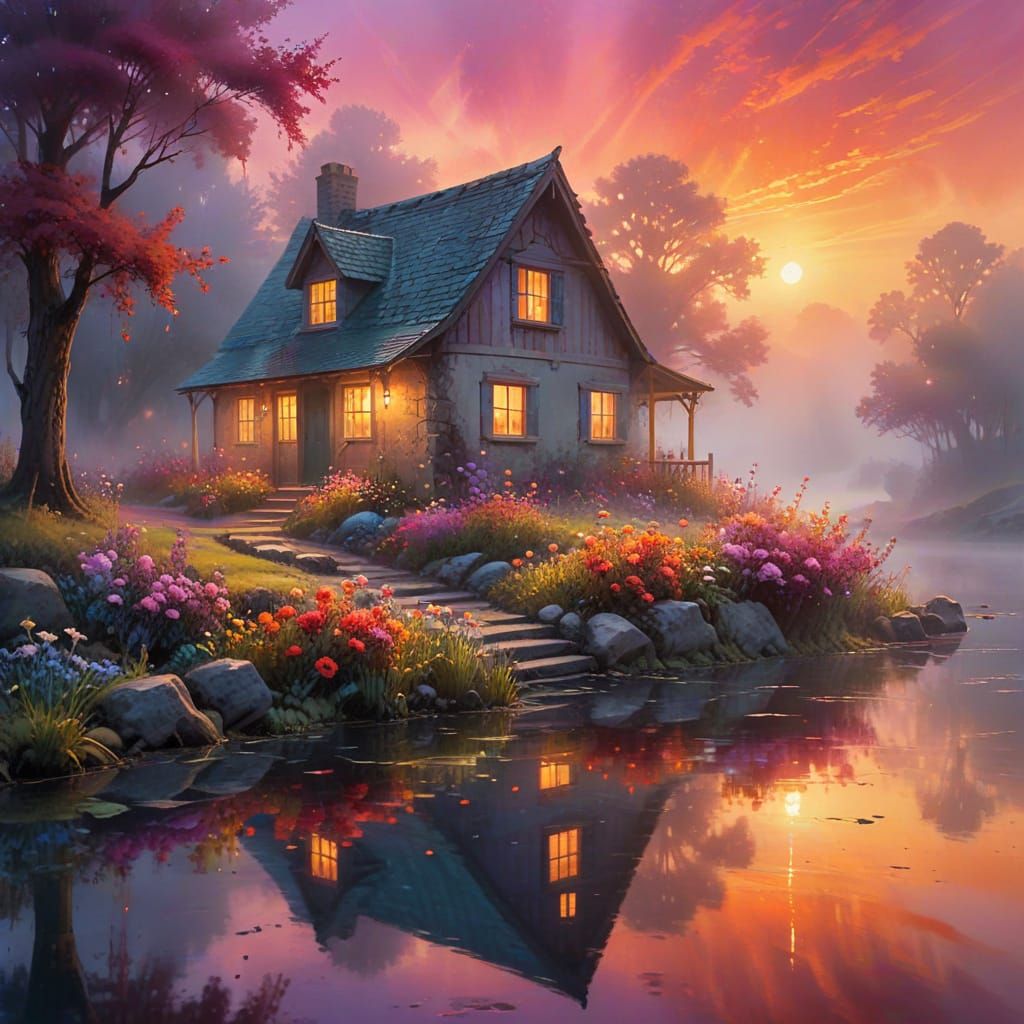Dreamlike Riverbank Cottage in Vibrant Oil Painting Style