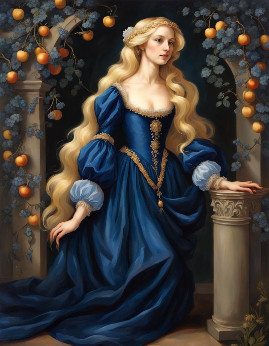 Renaissance Woman in Blue Silk Dress Portrait