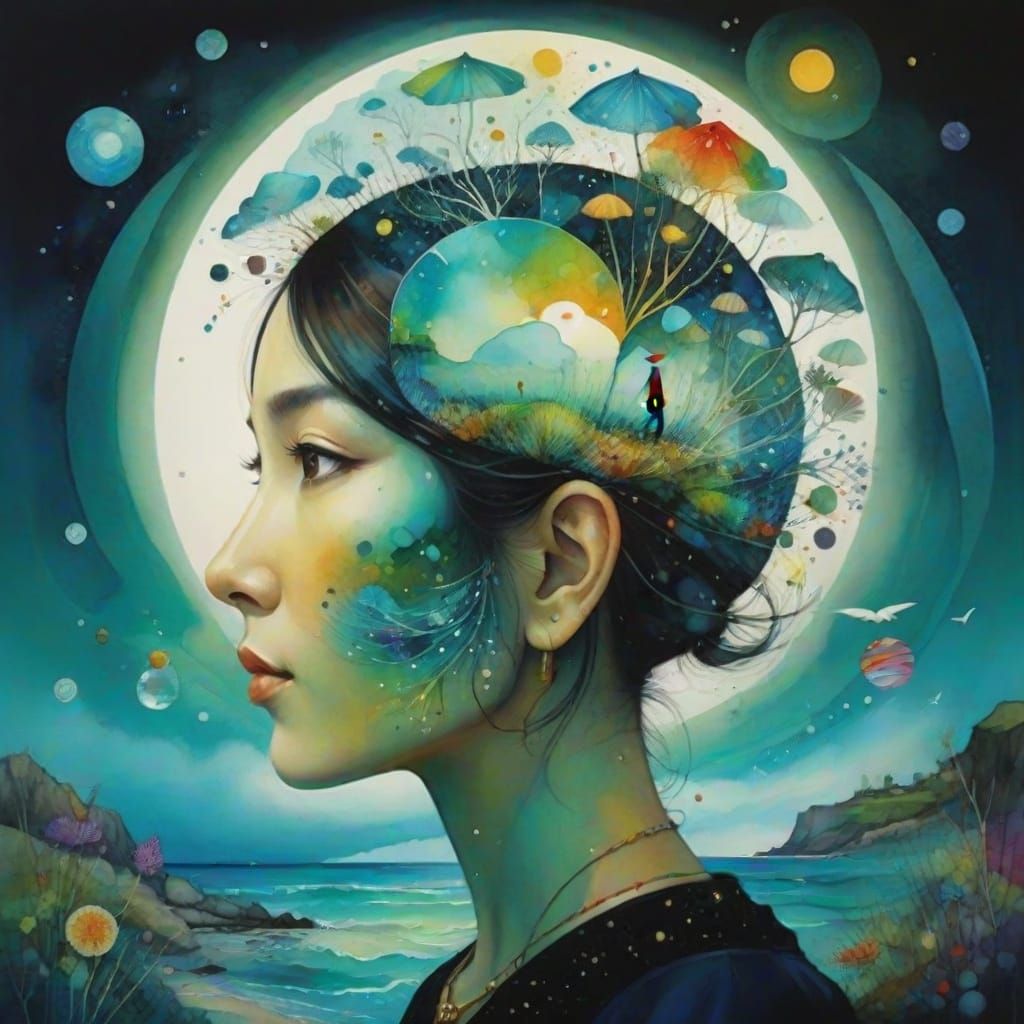 Surreal Whimsical Seashore Scene with Magical Illustration