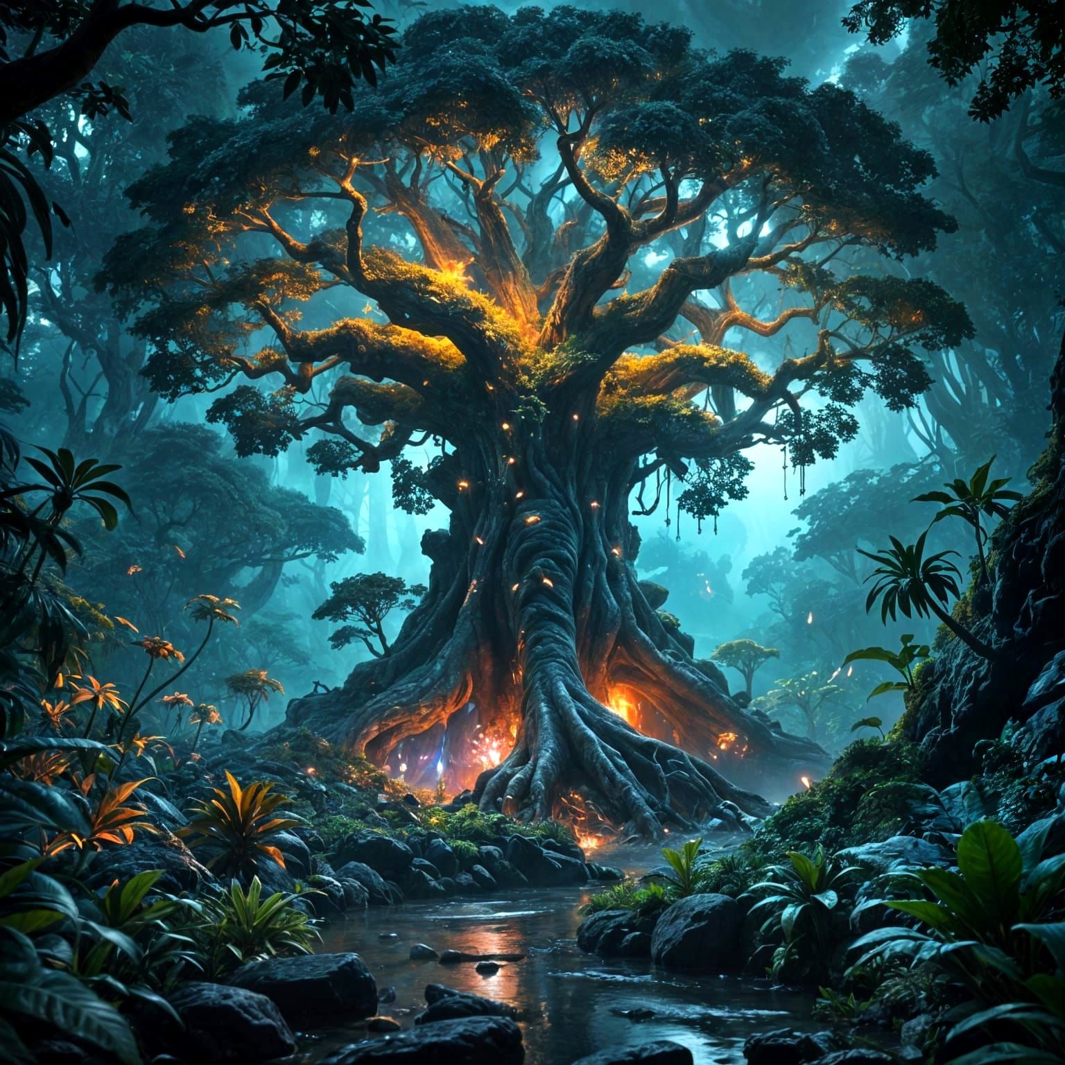 Ancient Bioluminescent Tree in Alien Jungle