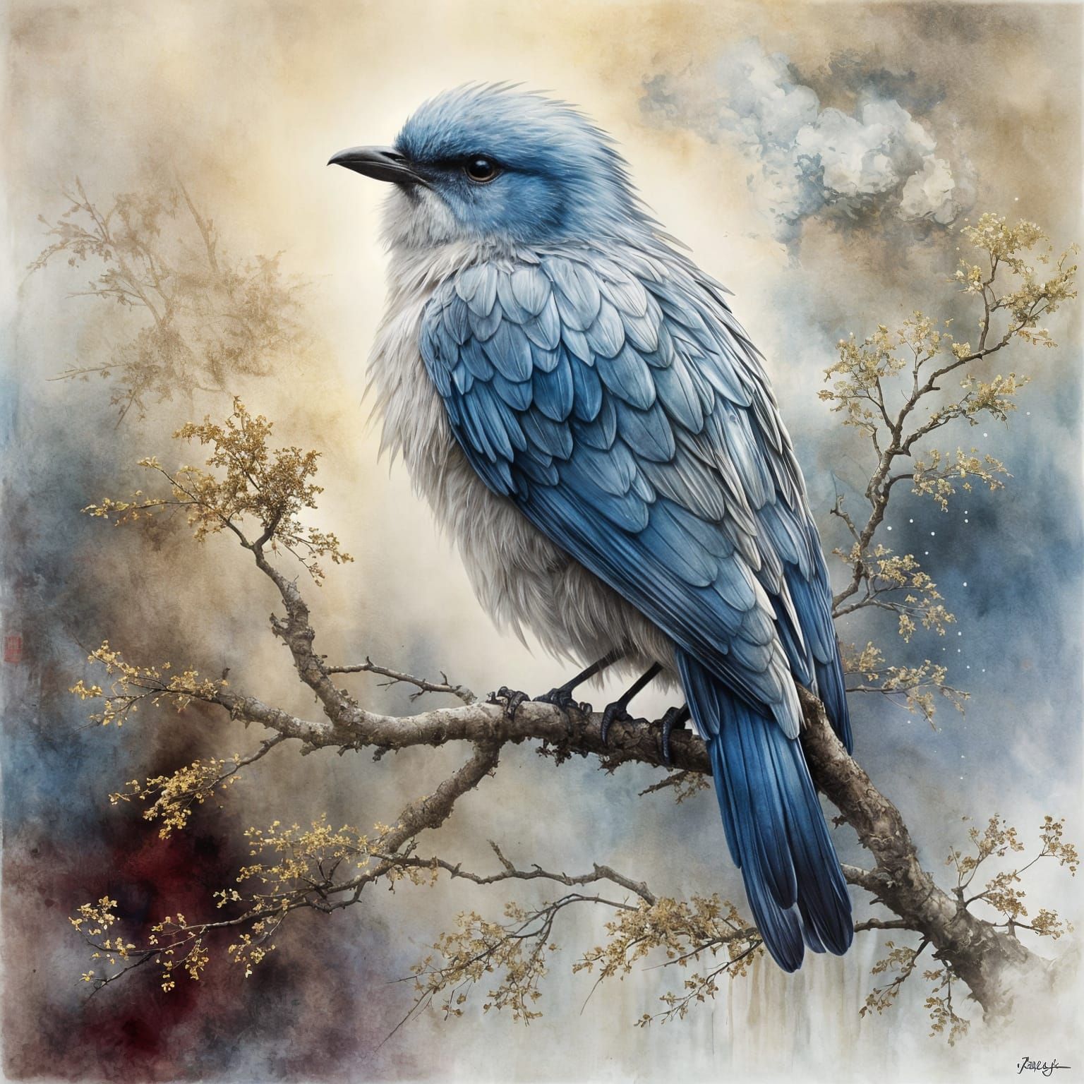 Fluffy Bird in Chinese Landscape with Sfumato Effect