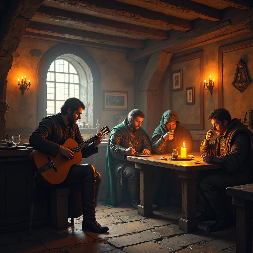 Medieval Tavern Scene with Knight and Wizard