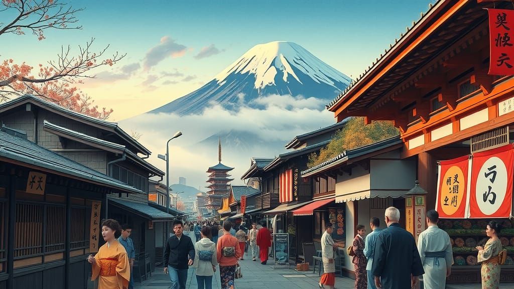 Japanese Street Scene with Mount Fuji as Ukiyo-e Art