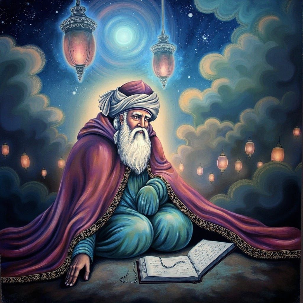 Ethereal Rumi Figure Lost in Dreamlike Landscape of Swirling...