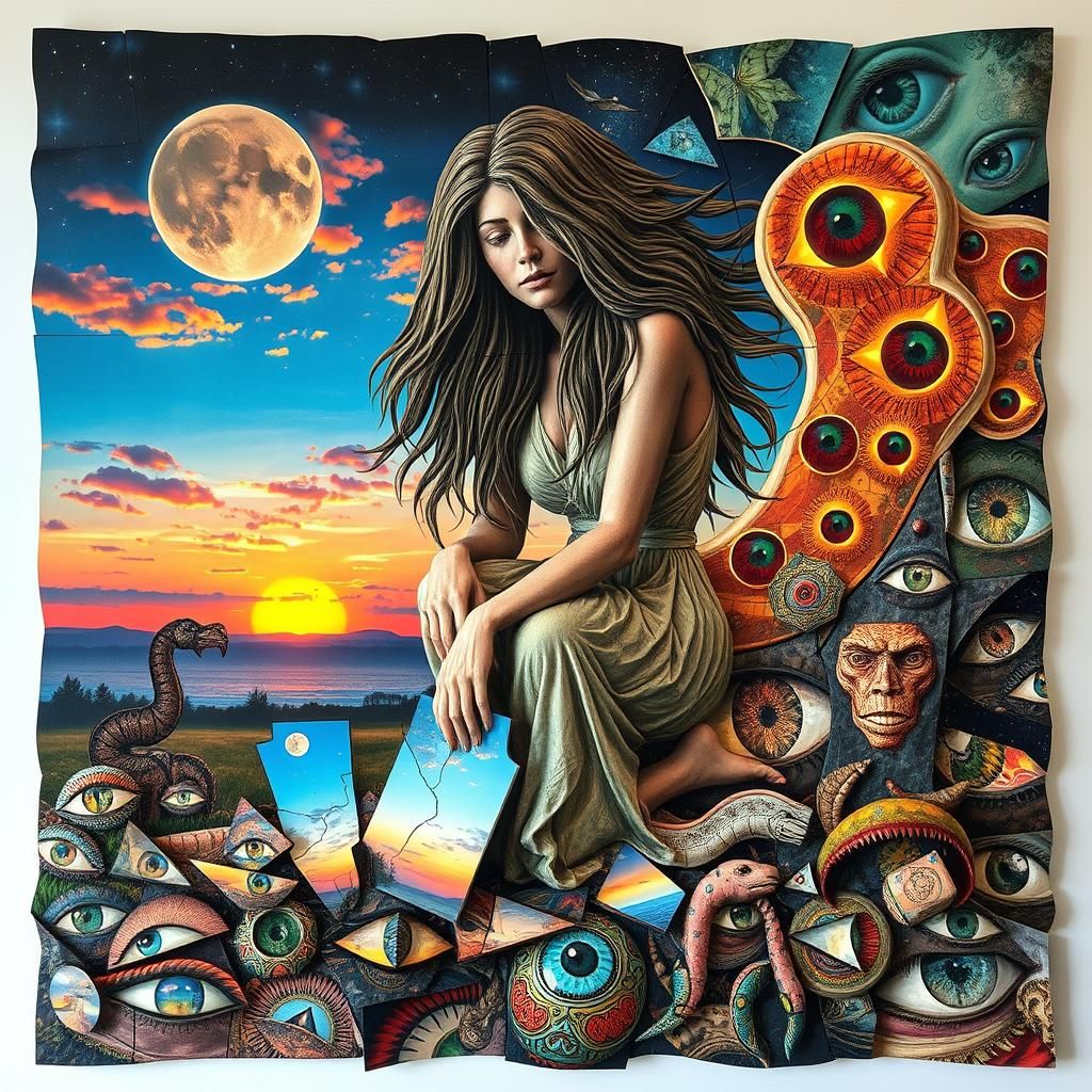 Surreal Fragmented Sculpture of Woman at Sunset