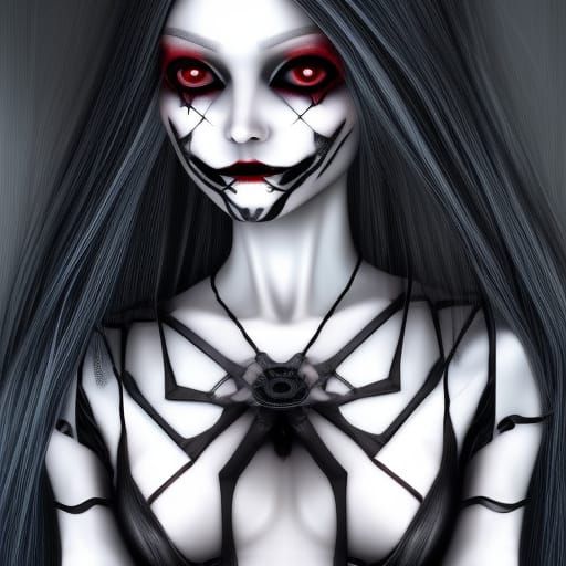 Gothic android doll that looks innocent but is secretly evil with cracks exposing the metal& Long black hair& Blue eyes&...