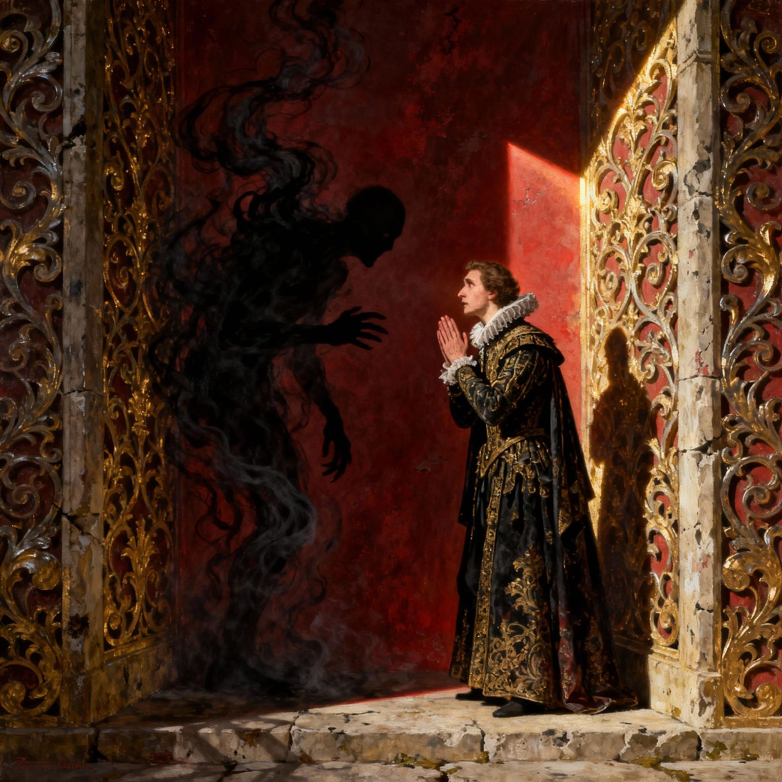 Renaissance Painting of Figure Confronting Fear in Ornate Wa...