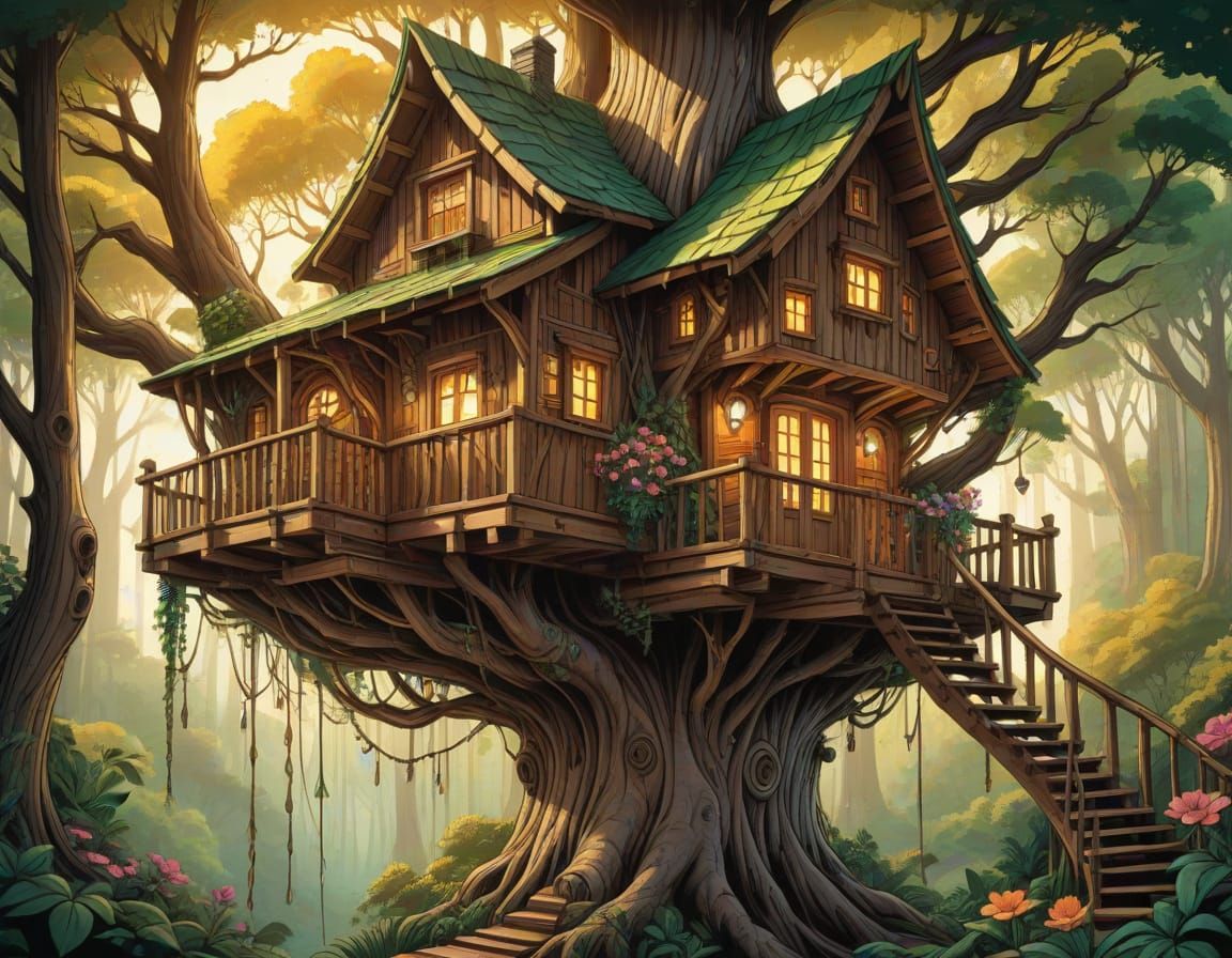 Whimsical Treehouse in Comic Book Style
