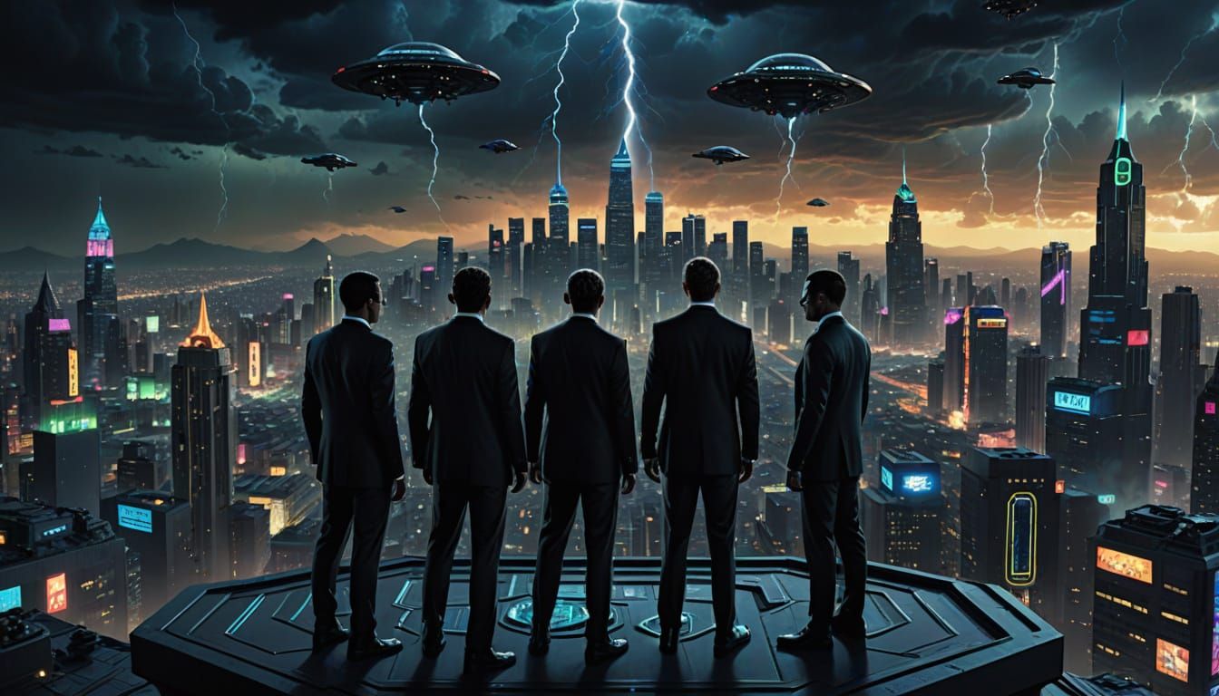 Men in Black Overlook Alien Metropolis in Cyberpunk Style