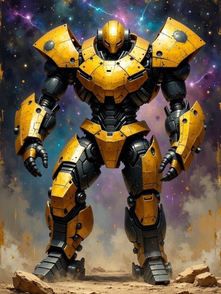 Flux Mecha with Kintsugi Cracks in Oil Painting Style