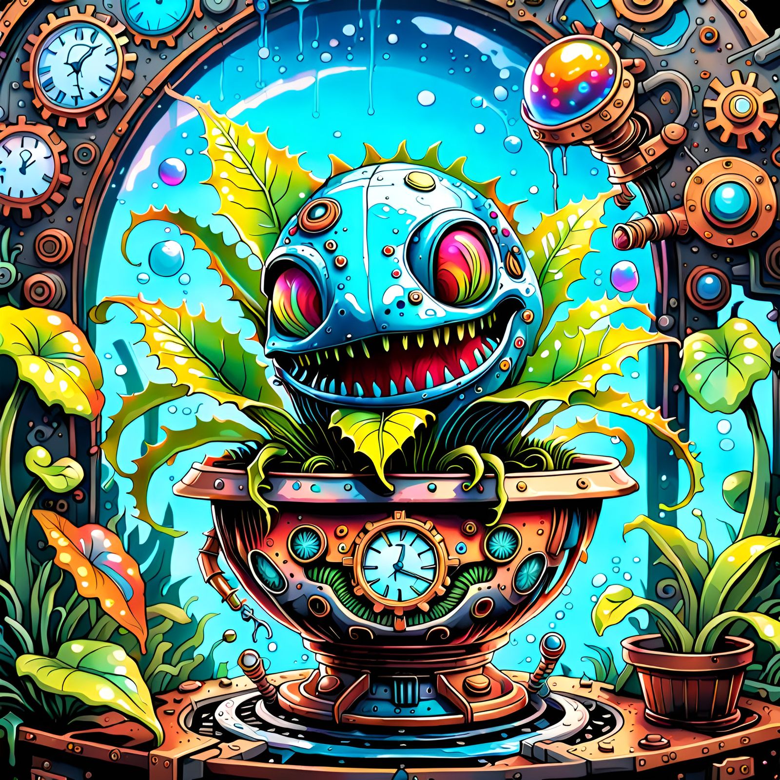 Steampunk Cyber Venus Flytrap: Holographic Graffiti Art