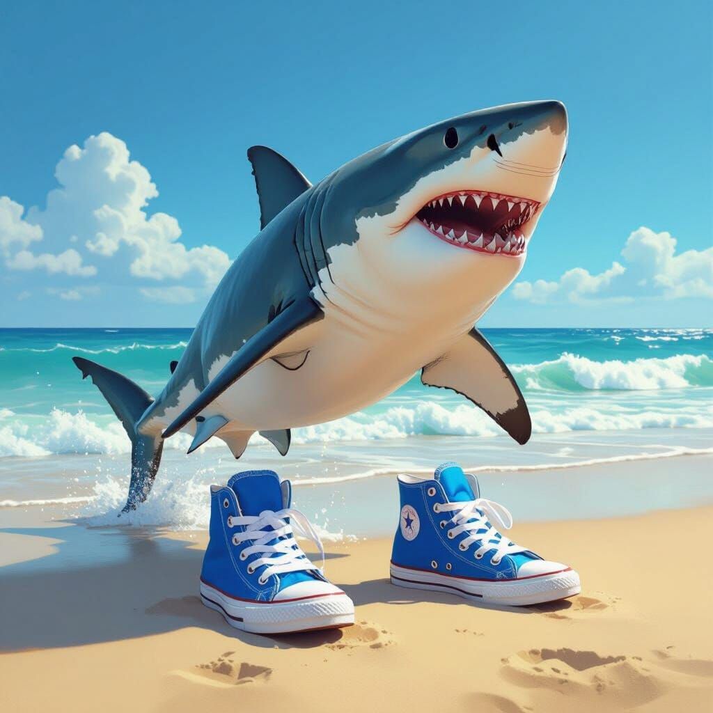 Great White Shark in Blue Sneakers on Beach