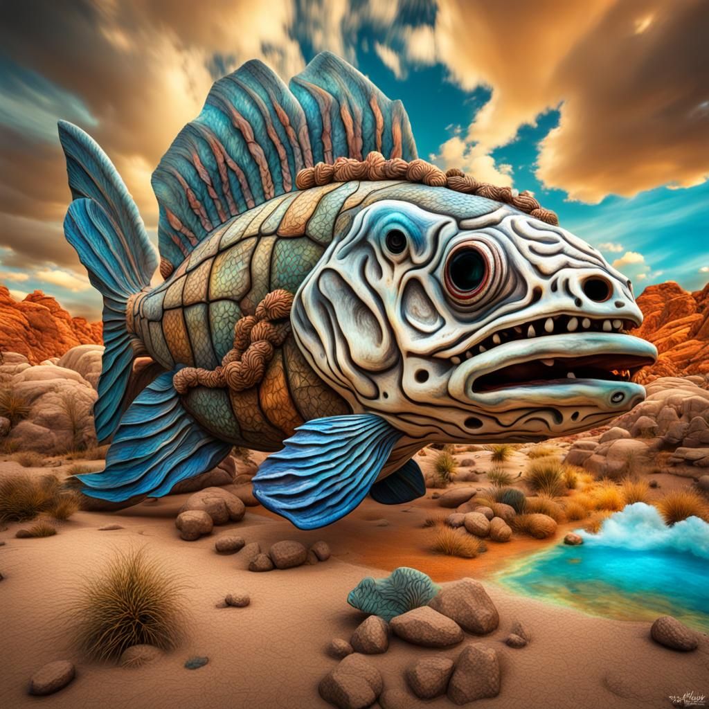Extinct Fish Skeleton Floating in Desert Landscape