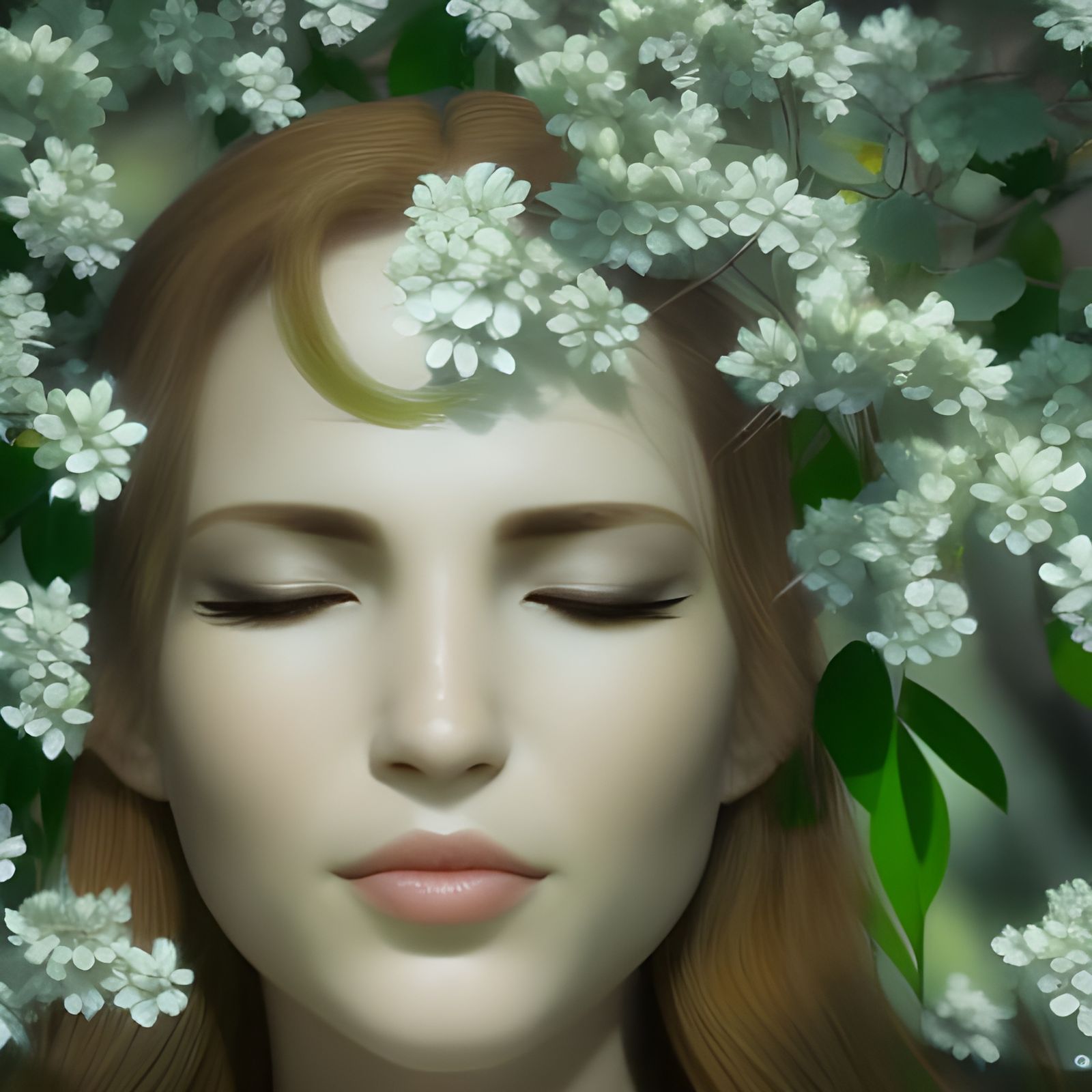 A Serene Woman Basks in the Radiant Light of a Lush Forest