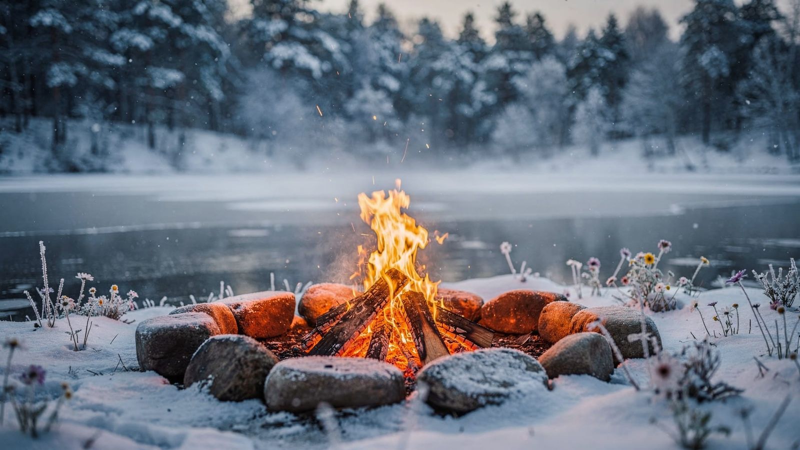 Cozy Winter Campfire on Frozen Lake