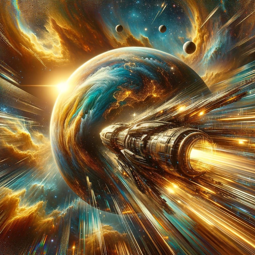 Spaceship Streaks Towards Globe in Glitch Art Style