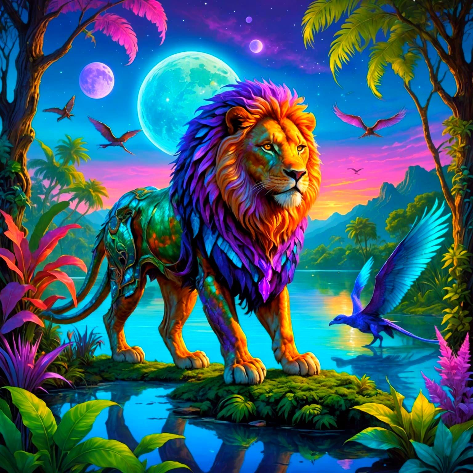 Surreal Alien Landscape with Lion and Dragon