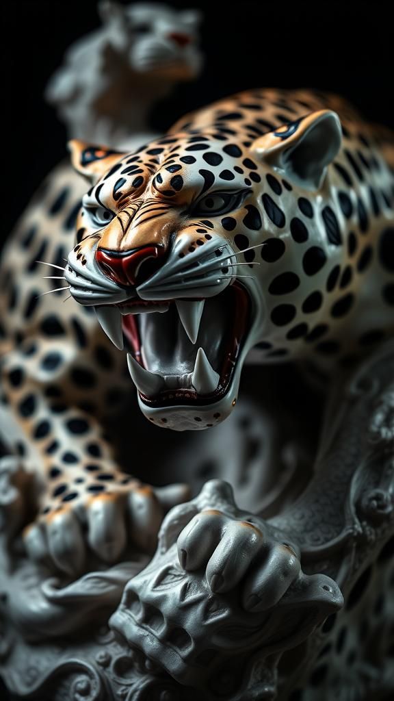 Raging Jaguar Porcelain Sculpture in Fractal Noir Style