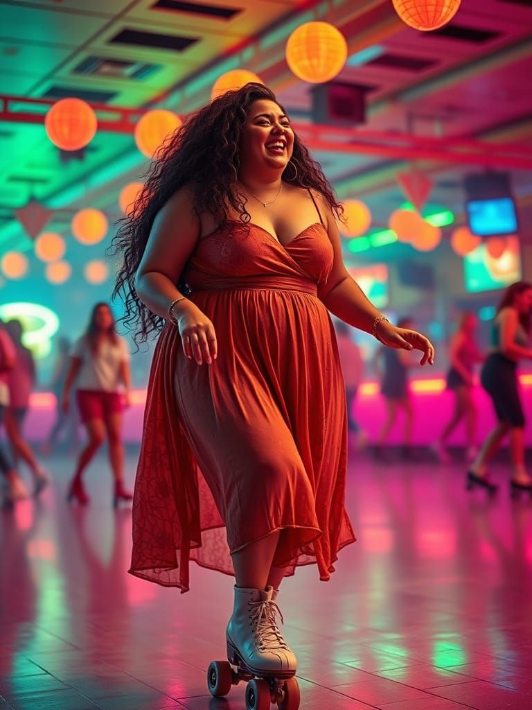 Joyful Woman Roller Skating at 1970s Disco