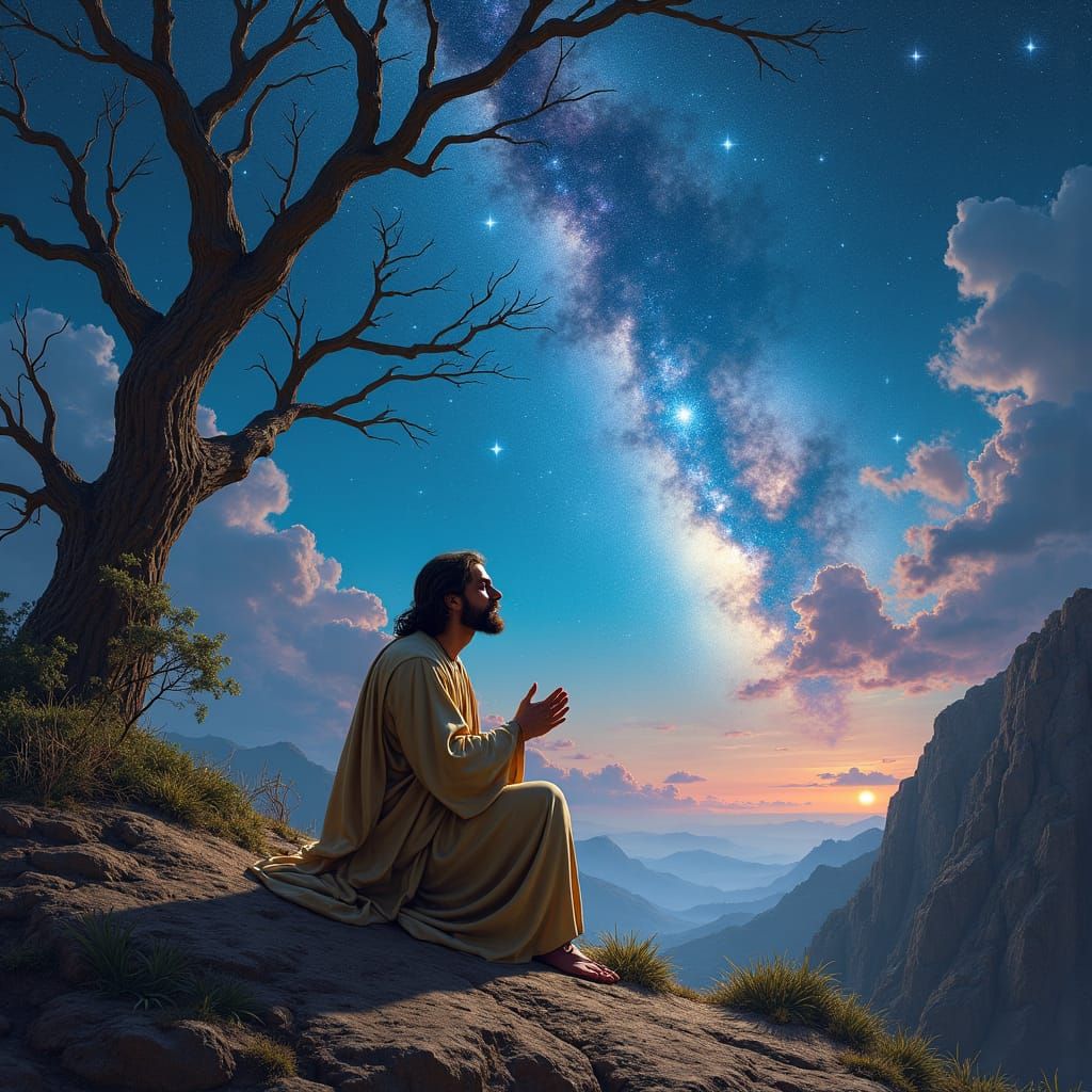 Jesus Prays Under Starry Sky: Surreal Dreamscape