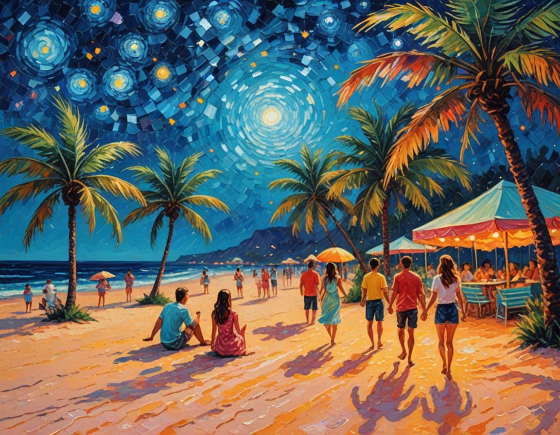Starry Palm Beach Party in Neo-Impressionist Style