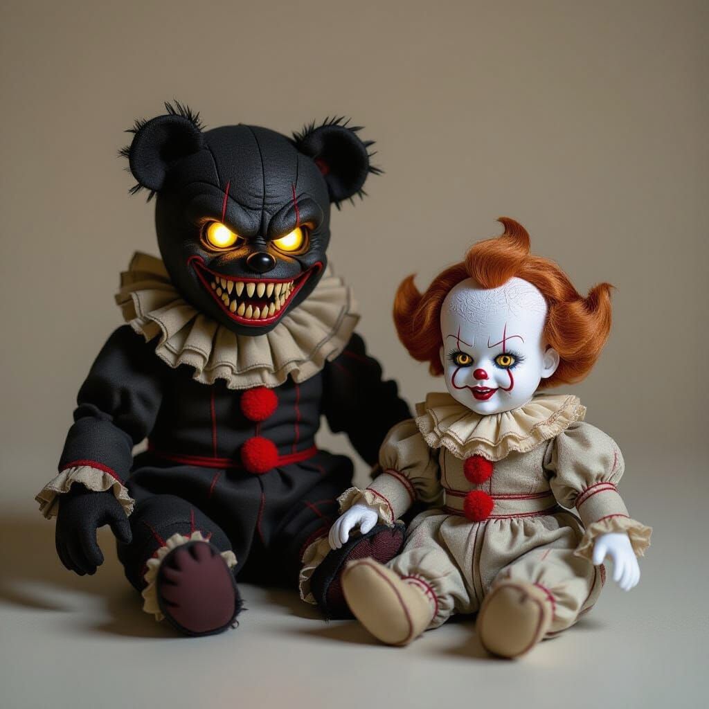 Shadowy Mouth Bears Hover Over Pennywise Doll in Dark Fantas...