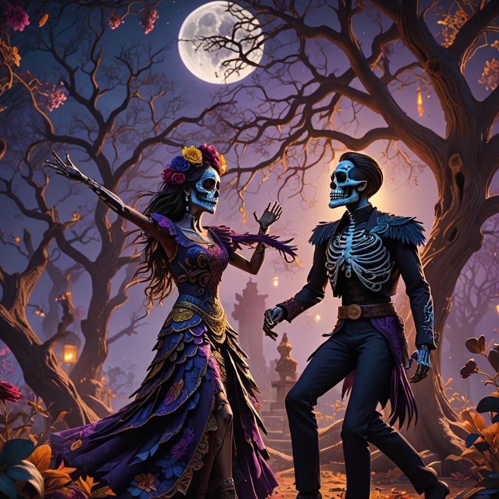 Day of the Dead Dancers in Moonlight, Digital Art