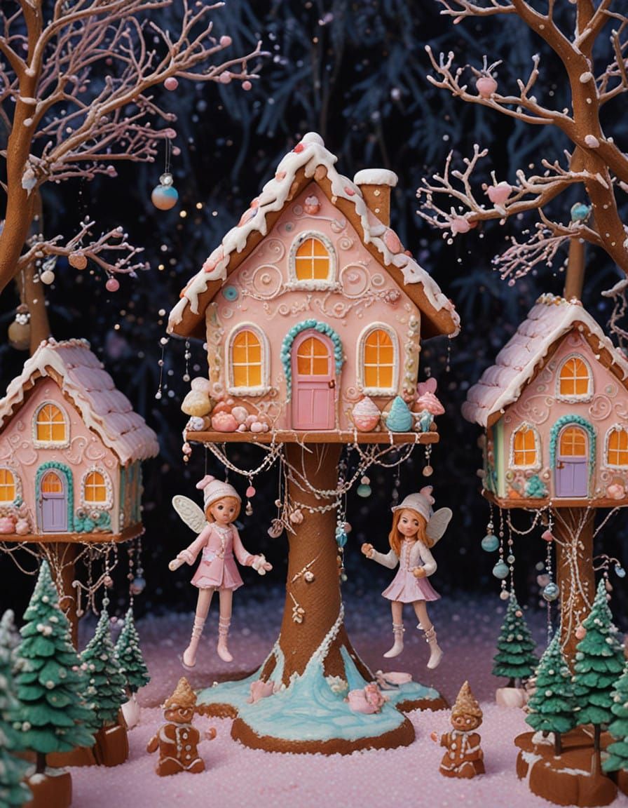 Whimsical Candy and Gingerbread Town Under Vibrant Pink and...