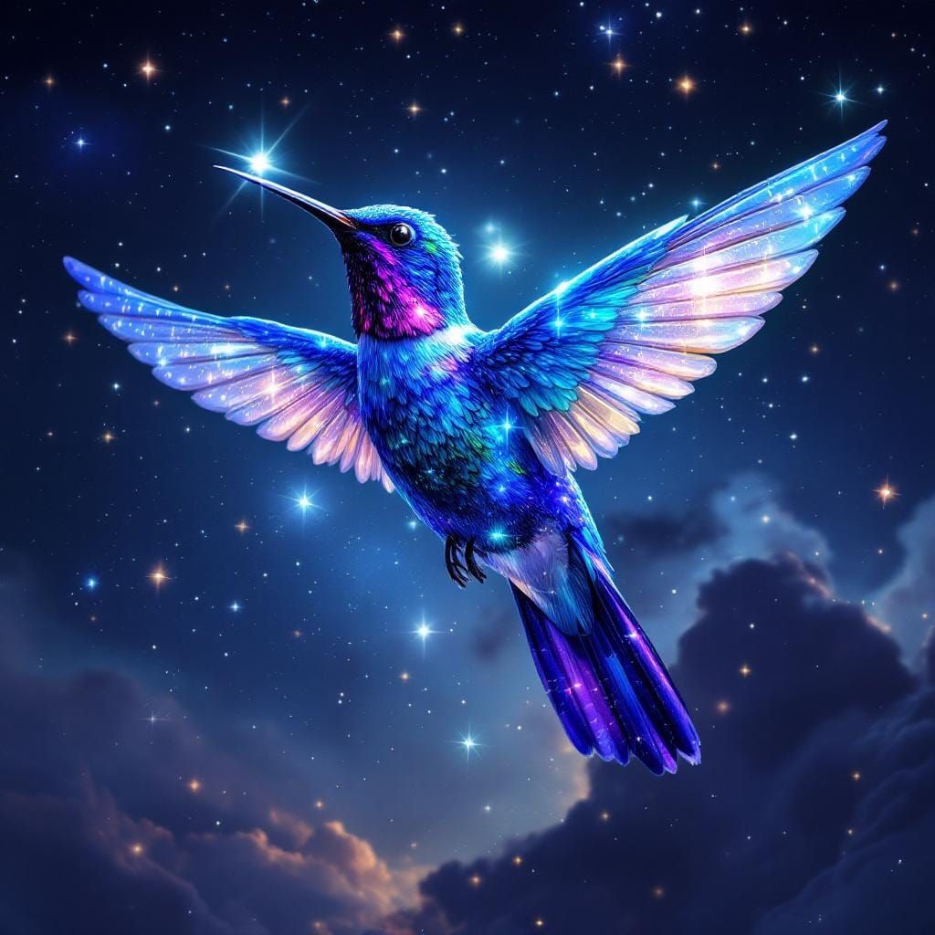Galactic Hummingbird with Iridescent Wings