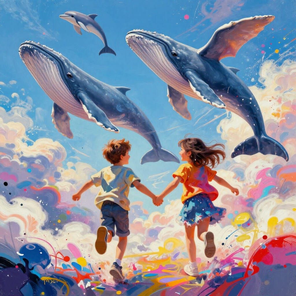 Joyful Children Running Through Magical Sky with Flying Whal...